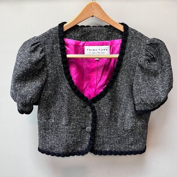 Trina Turk Women's Puff Short Sleeve Cropped Tweed‎ Wool Blazer- Size 6 - Picture 1 of 5